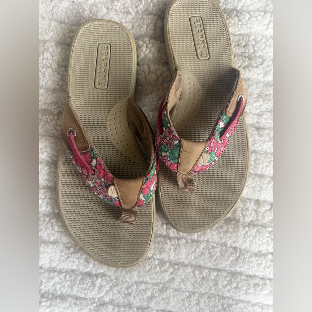 Sperry Tan Flip Flop Sandals with Pink & Green Floral Straps